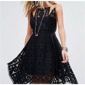 Free people open back assymetrical hem lace fit and flare black mini dress measu